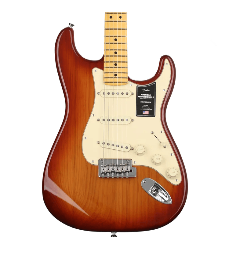Fender Stratocaster in sunburst color.